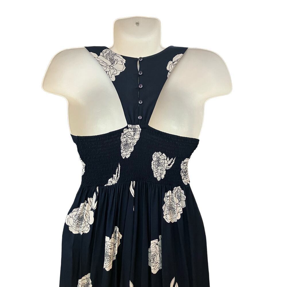 JAPNA Women's Navy Cream Floral Print Smocked Waist Maxi Boho Feminine Dress XS - Picture 3 of 10
